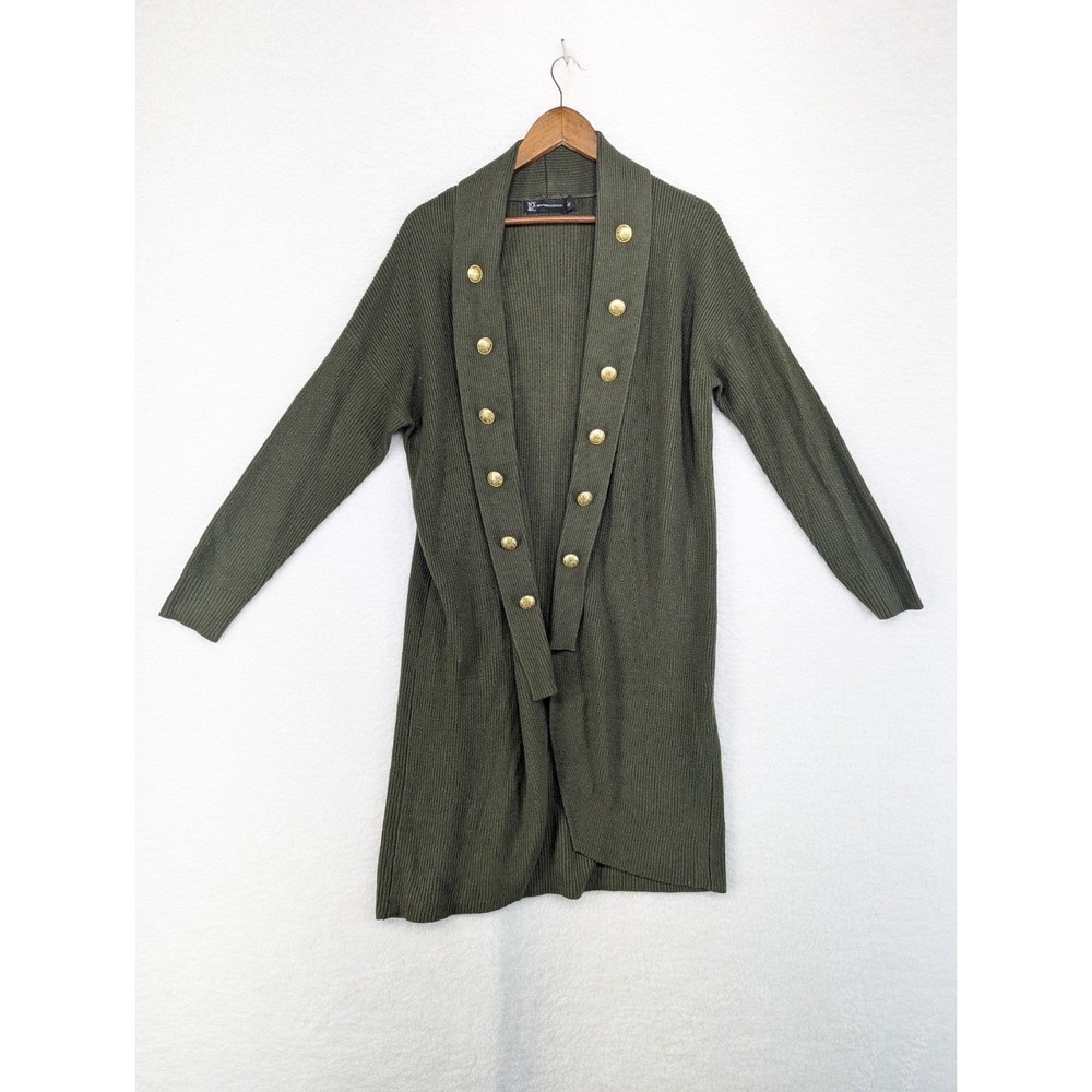 NY&Co New York & Company Olive Green Gold Buttons Long‎ Cardigan Sweater L